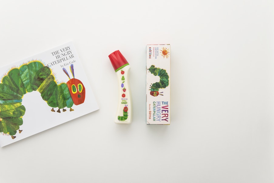 From the picture book "The Very Hungry Caterpillar", Dr. Betta's first baby bottle appears